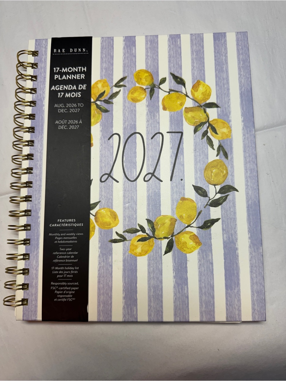 NEW Rae Dunn Blue Stripe 2027 Planner with Yellow Lemon Wreath 17 Months